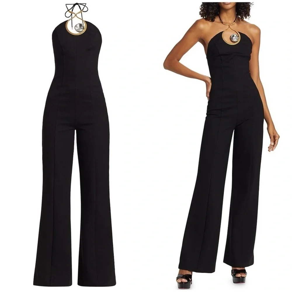 NWT AREA Crystal Cut Out Halter Jumpsuit Brass Glass Jewel Wide Leg Black Sz XL - Picture 16 of 16